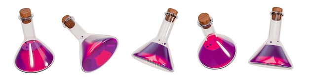 Iconos de bulbo farmacéutico médico realista Frascos para experimentos químicos Matraz de laboratorio 3d sobre fondo blanco 3d render