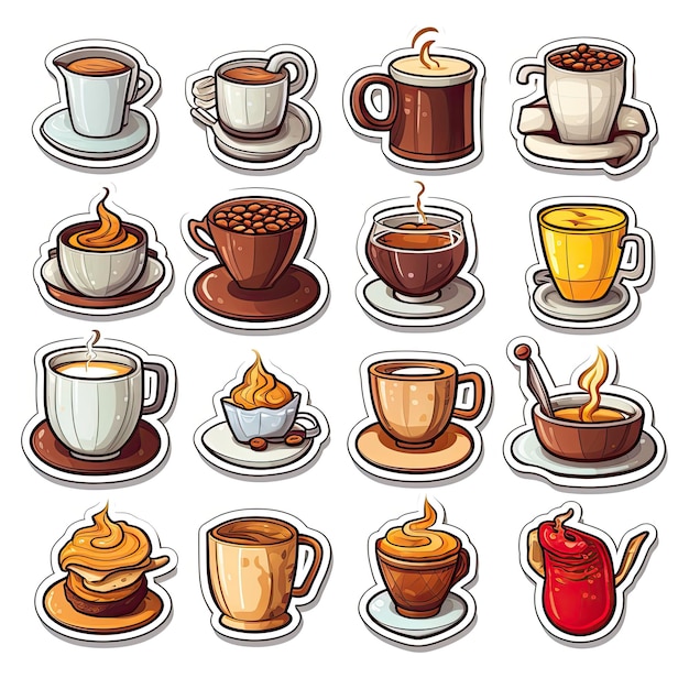 Iconos de café con pegatina en fondo blanco