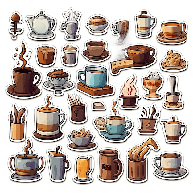 Iconos de café con pegatina en fondo blanco