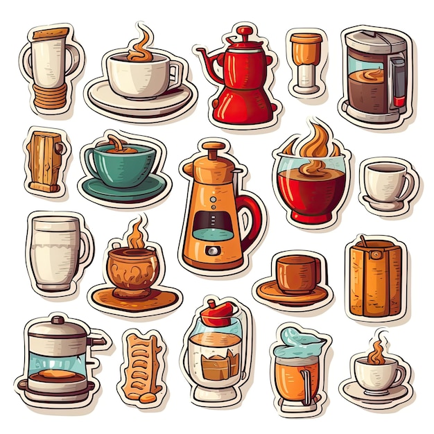 Iconos de café con pegatina en fondo blanco