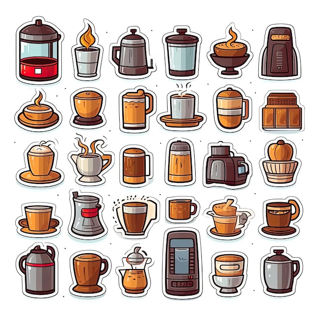 Iconos de café con pegatina en fondo blanco