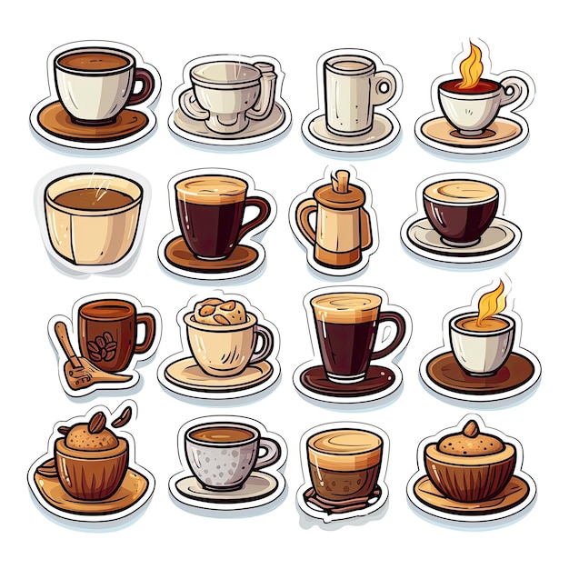 Iconos de café con pegatina en fondo blanco