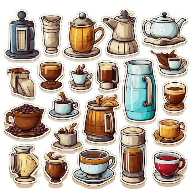 Iconos de café con pegatina en fondo blanco