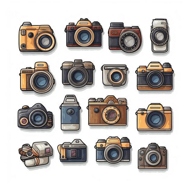 Iconos de cámaras retro vintage con pegatinas de fondo blanco muy detallado