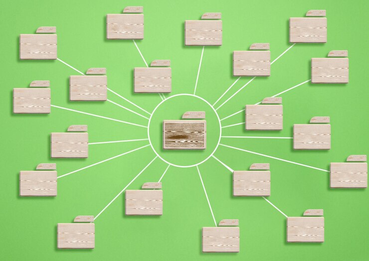 Foto los iconos de carpetas están vinculados entre sí. estructura e intercambio de datos.