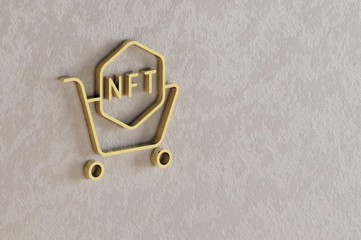 Foto iconos de carrito de compras de nft hermosos íconos de símbolo de nft dorados en el fondo de la pared ilustración de renderización 3d
