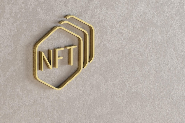 Iconos de colección de NFT hermosos íconos de símbolo de NFT dorados en el fondo de la pared ilustración de renderización 3D