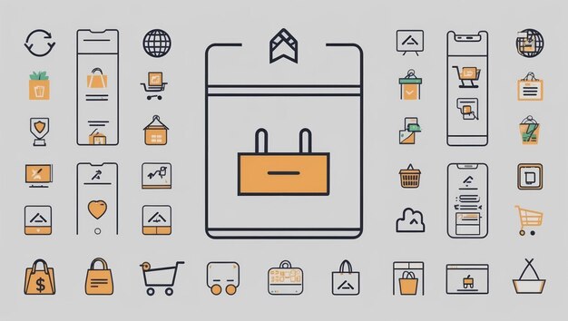Iconos coloridos de compras en línea para conceptos de comercio electrónico y entrega