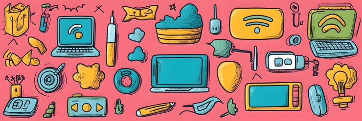 Foto iconos coloridos dibujados a mano de dispositivos tecnológicos