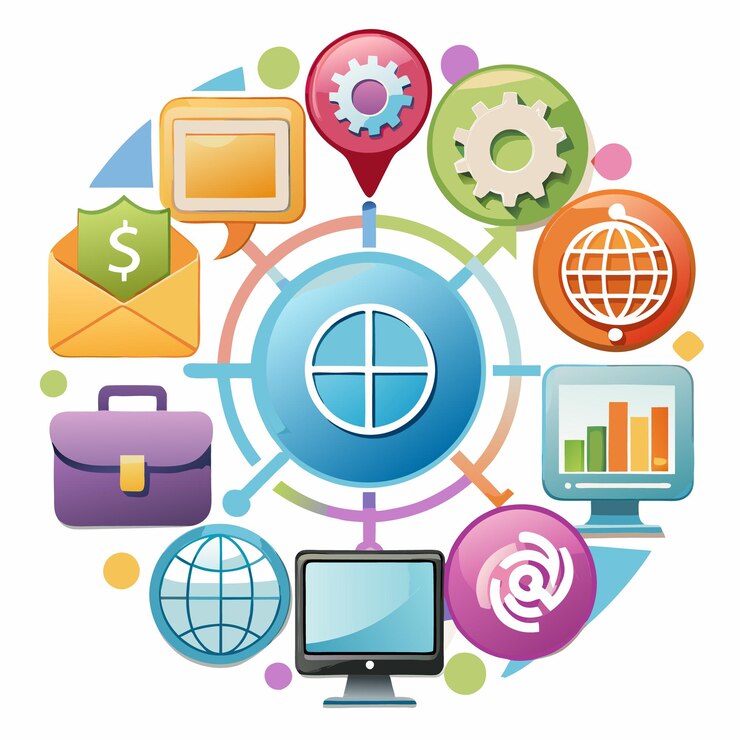 Foto iconos coloridos que representan la tecnología empresarial y la conectividad global