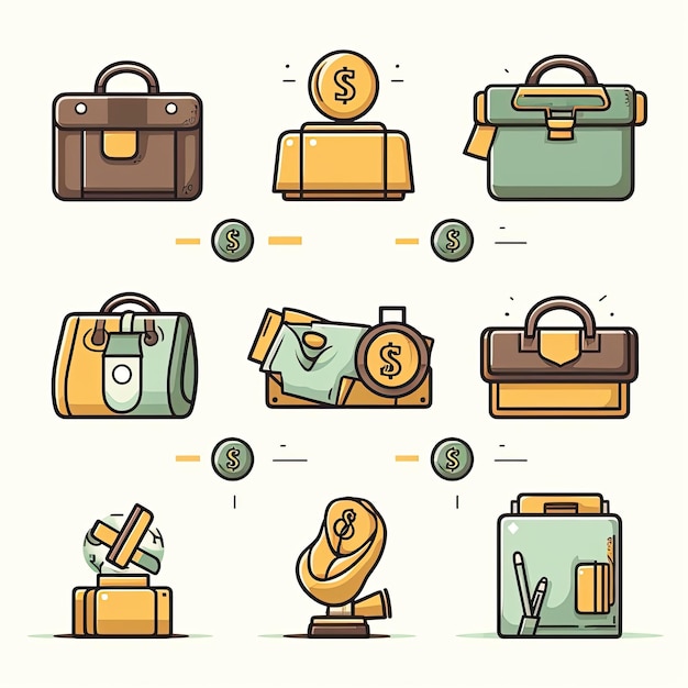 Iconos comerciales Iconos que representan conceptos relacionados con el negocio, como un signo de dólar en un maletín y un apretón de mano Generados con IA