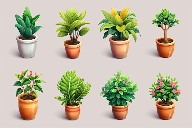 Iconos de dibujos animados en 3D de plantas y árboles en macetas