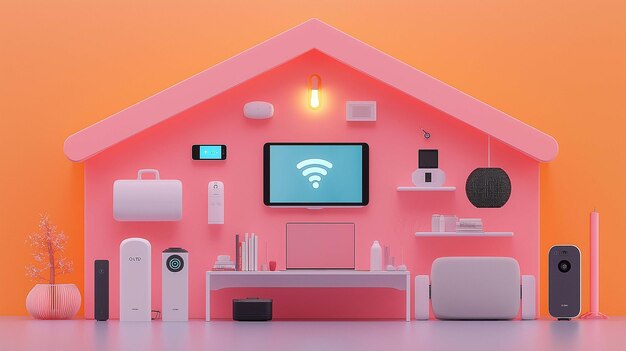 Iconos de dispositivos domésticos inteligentes diseño plano vista superior tema IoT renderización 3D esquema de colores complementario