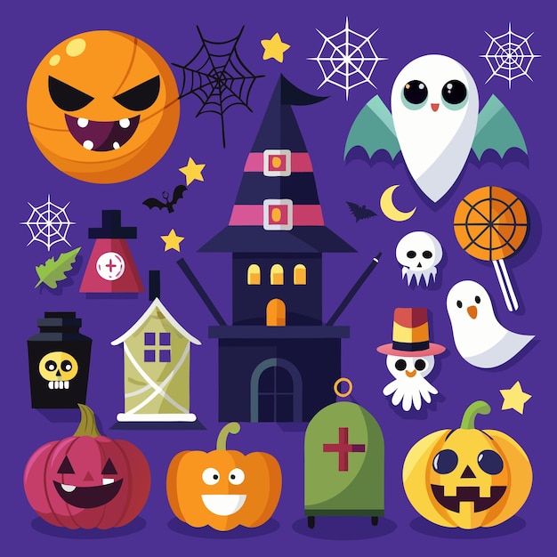 Iconos divertidos y espeluznantes de Halloween para niños fantasmas calabazas y murciélagos