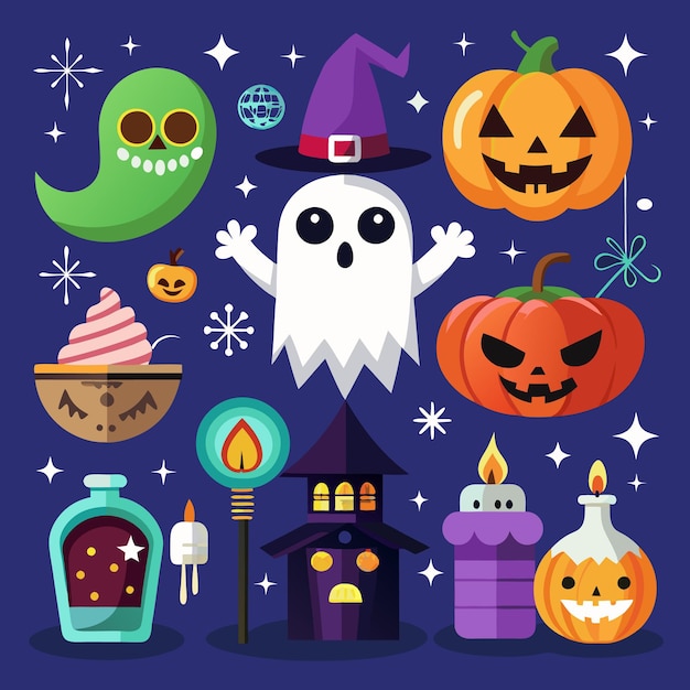 Iconos divertidos y espeluznantes de Halloween para niños fantasmas calabazas y murciélagos