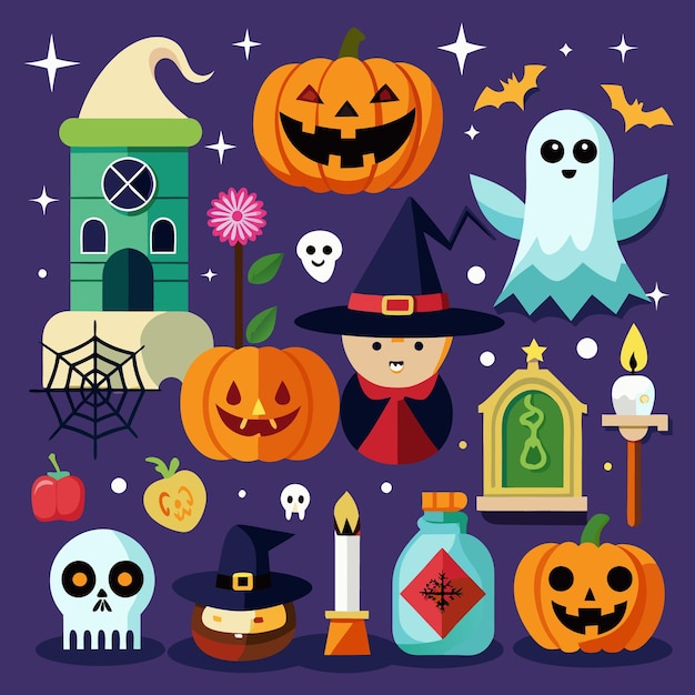 Iconos divertidos y espeluznantes de Halloween para niños fantasmas calabazas y murciélagos