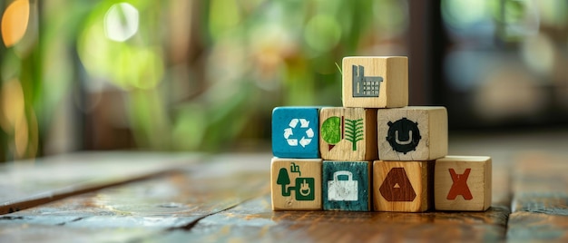 Foto iconos de la economía circular en cubos de madera ecosistema que reduce los residuos y maximiza la eficiencia de los recursos estrategias sostenibles para eliminar los residuos y la contaminación para el futuro crecimiento empresarial
