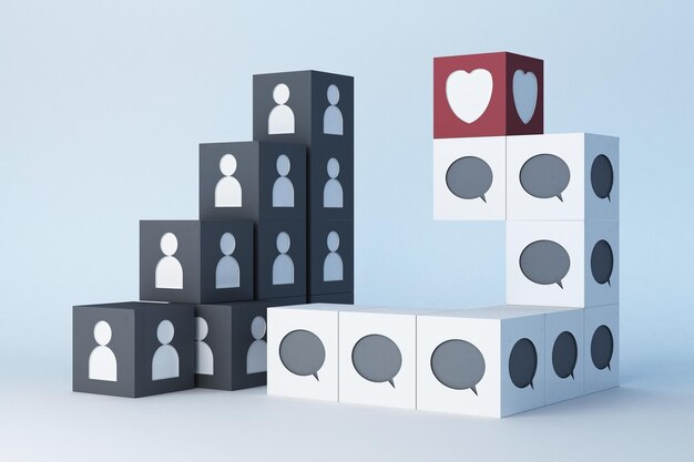 Iconos de emojis coloridos y caja de iconos Concepto de redes socialesFondo blanco Renderización en 3D