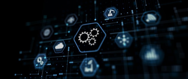 Iconos de engranajes en el fondo de la ciudad moderna Concepto de negocio para el sistema de automatización de tecnología de software