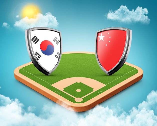 Iconos de escudo de Corea del Sur versus China en 3d en el estadio de béisbol con campo de hierba verde ilustración 3d