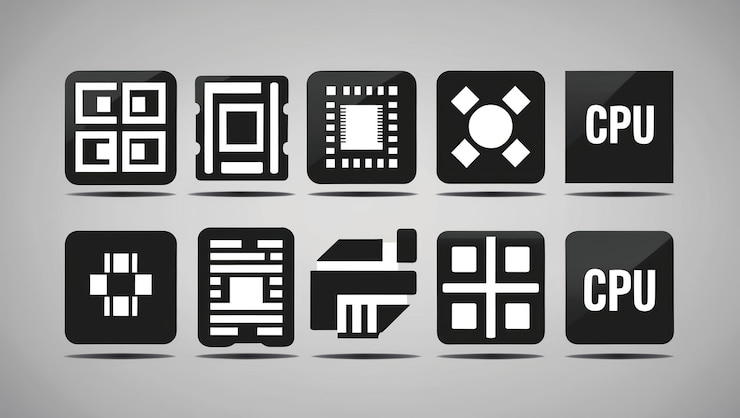 Foto iconos estilizados que representan procesadores de computadora y elementos tecnológicos