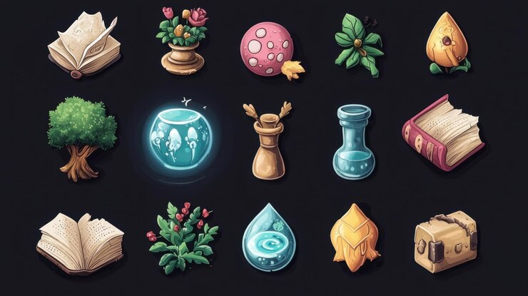 Foto iconos de fantasía caprichosos conjunto imaginativo en 2d que representa diversos géneros y temas de la literatura de fantasía