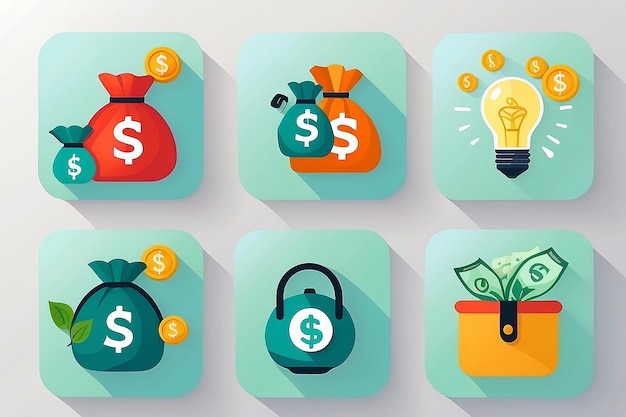 Foto los iconos de finanzas vectoriales con porcentaje de bolsa de dinero ideas de dinero de mano y bolsa de dinero en el conjunto