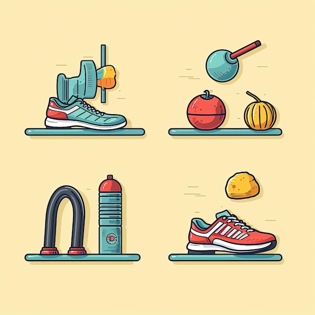 Foto iconos de fitness icones que representan pesas, zapatillas de correr y una postura de yoga para entusiastas del fitness generados con ia