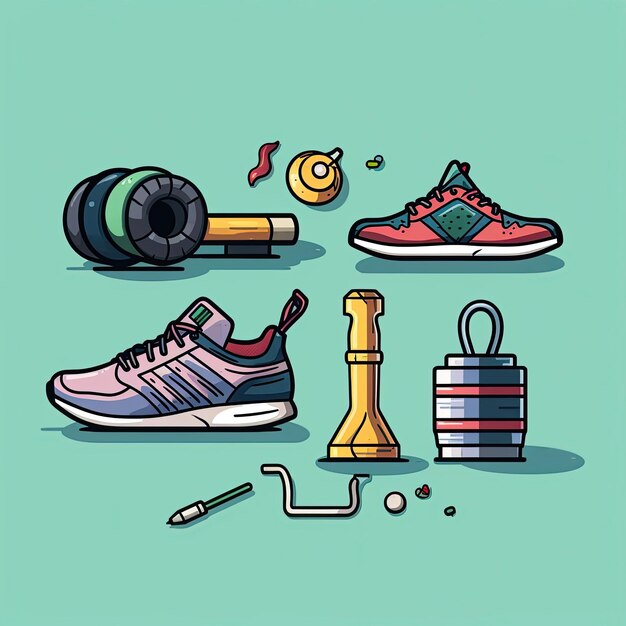 Foto iconos de fitness icones que representan pesas, zapatillas de correr y una postura de yoga para entusiastas del fitness generados con ia