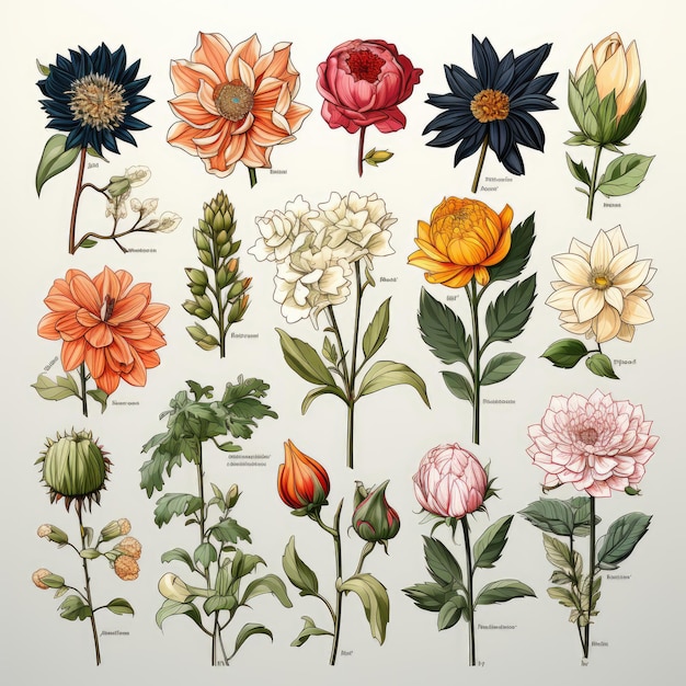 Iconos de flores con pegatinas en fondo blanco