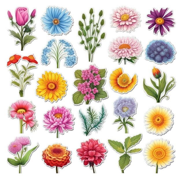 Iconos de flores con pegatinas en fondo blanco