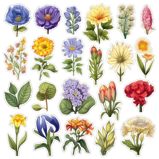 Iconos de flores con pegatinas en fondo blanco