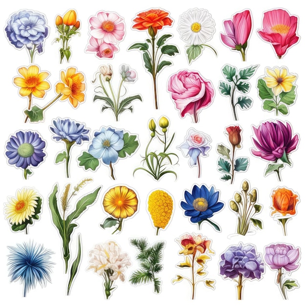 Iconos de flores con pegatinas en fondo blanco