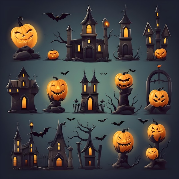 Iconos de fondo de Halloween de casa embrujada, calabazas, murciélagos y velas