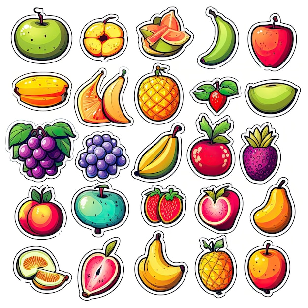 Foto iconos de frutas fijados pegatina en fondo blanco