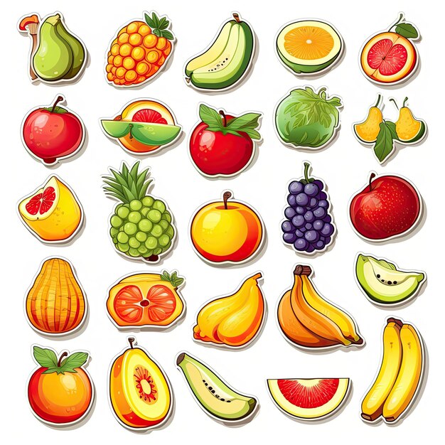 Foto iconos de frutas fijados pegatina en fondo blanco