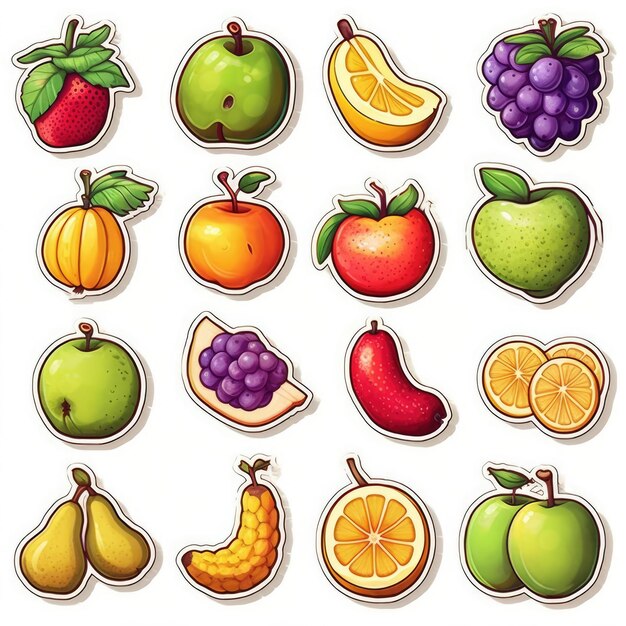 Foto iconos de frutas fijados pegatina en fondo blanco