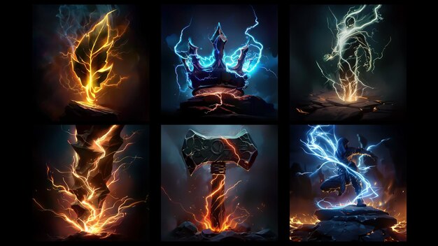 Iconos de habilidades de energía relámpago para juegos de fantasía y medievales