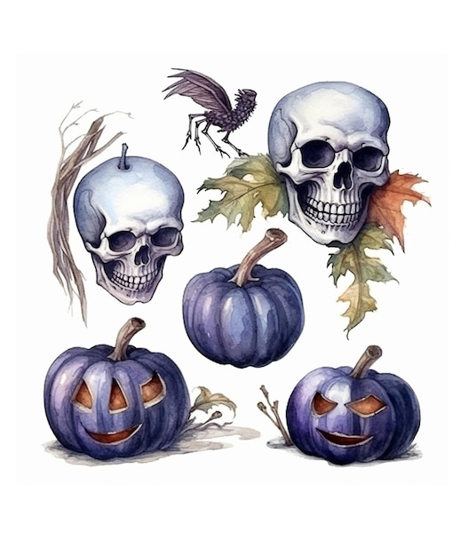 Iconos de Halloween de acuarela Decoración de Halloween de Halloween victoriano vintage