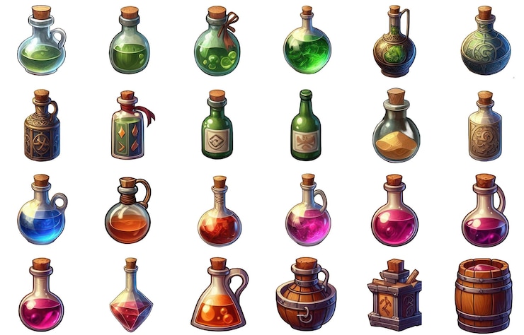 Foto iconos de inventario de botellas de pociones de juegos de rol de fantasía