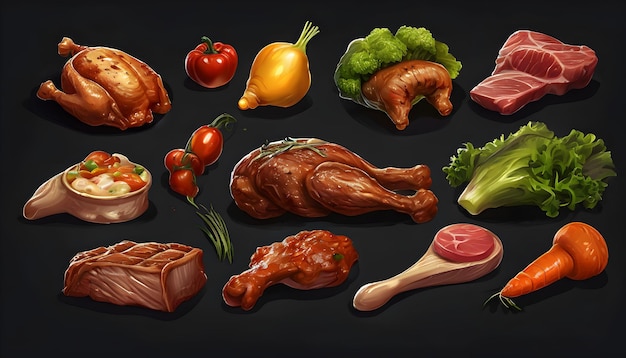 Iconos de juegos con comida y verduras sobre fondo negro.