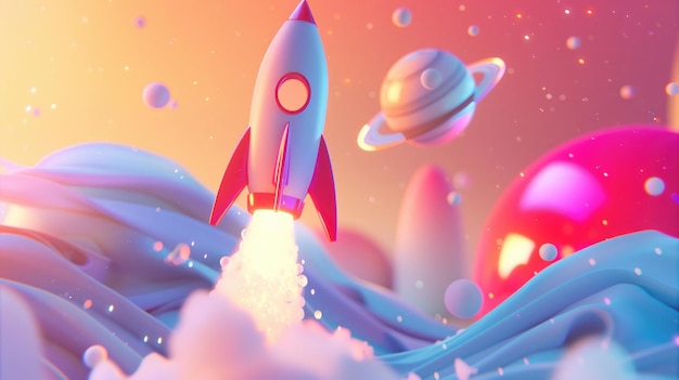 Iconos de lanzamiento de cohetes 3D pastel lienzo cósmico viajes inicio luz del día brillante