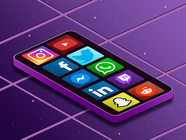 Foto iconos del logotipo de redes sociales en la pantalla del teléfono 3d