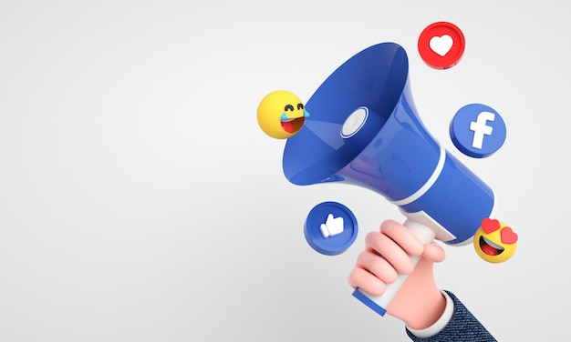 Iconos y logotipos de Facebook con megáfono 3d para antecedentes de marketing digital y de medios sociales