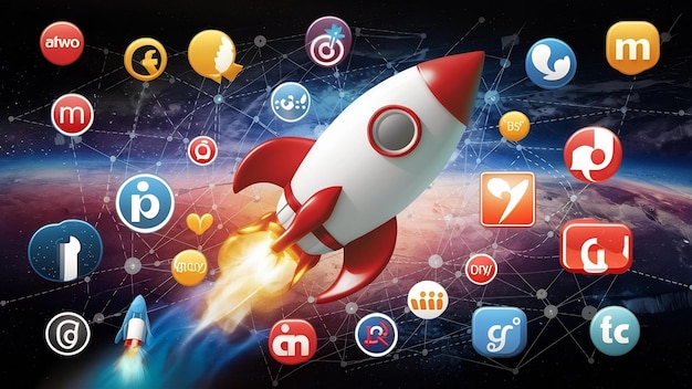 Iconos y logotipos de redes sociales con cohete espacial 3D para el fondo de marketing digital y de redes sociales