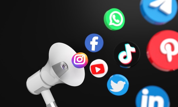 Iconos y logotipos de redes sociales con megáfono 3d para antecedentes de marketing digital y de redes sociales