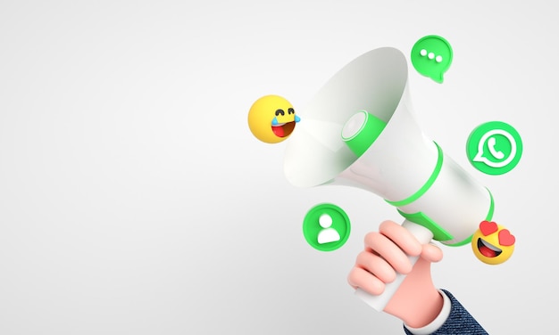 Iconos y logotipos de Whatsapp con megáfono 3d para antecedentes de marketing digital y de redes sociales