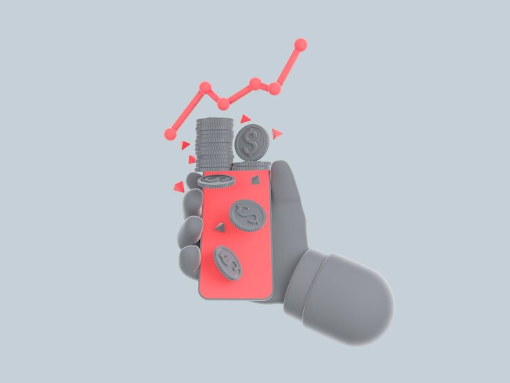 Iconos de la mano con los paquetes telefónicos de dinero en efectivo y monedas rojas flotantes sobre un fondo gris d ilustración