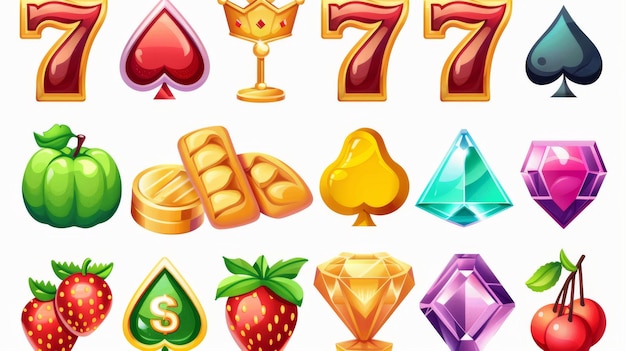 Iconos de máquinas tragamonedas de casino Conjunto de dibujos animados modernos de símbolos de alimentos dorados Frutas, cartas de juego, coronas de oro, tréboles afortunados, números 7, diamantes y barras.