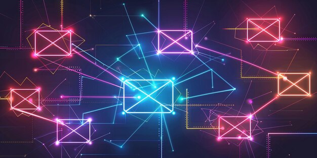 Iconos de marketing de correo electrónico conectados por líneas digitales de neón
